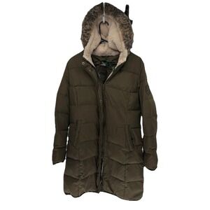 Polo Ralph Lauren Green Goose Down Puffer Parka Jacket Sherpa Hood Fur Lined M